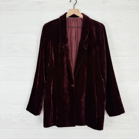 Eileen Fisher Silk Blend Velvet Blazer Jacket Medium Burgundy Pockets Holiday - Picture 15 of 16